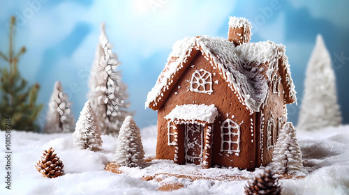 Christmas Confection: Frosted Gingerbread House in a Festive Winter Wonderland