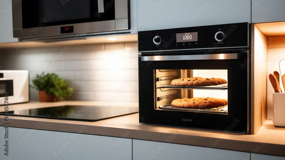 Closeup of kitchen oven with pizzas cooking Closeup of kitchen oven with pizzas cooking