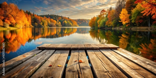 Fototapeta Naklejka Na Ścianę i Meble -  A wooden dock overlooking a serene lake reflecting the vibrant colors of an autumnal forest.