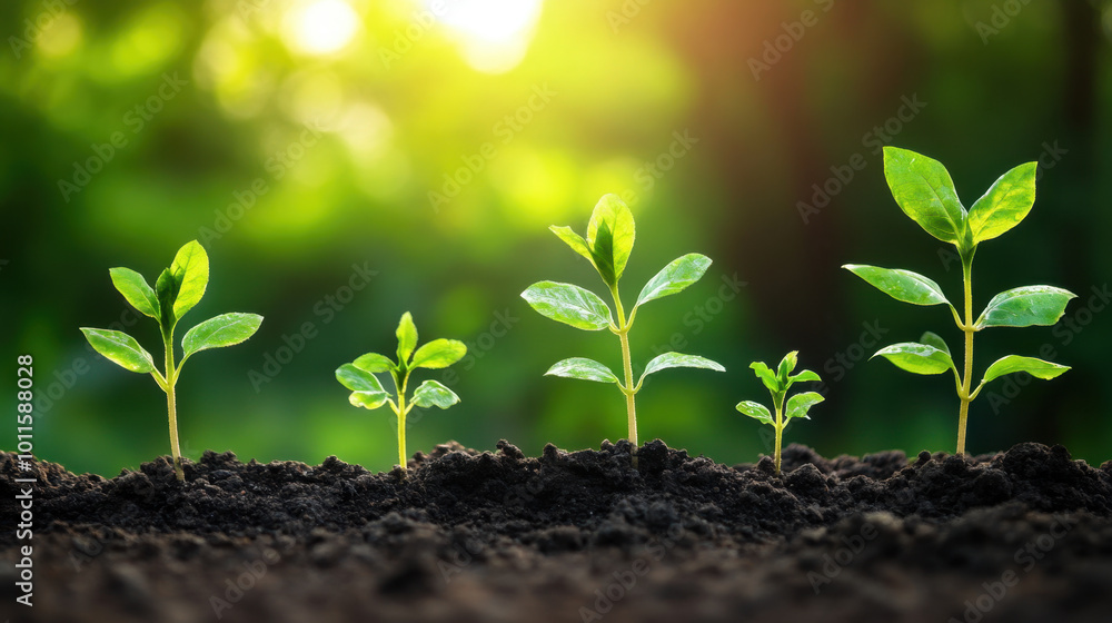 Growth progression of young plants in eco-friendly pots against a gradient backdrop Growth progression of young plants in eco-friendly pots against a gradient backdrop