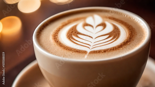 Coffee cup with floral ornament on crema, closeup.