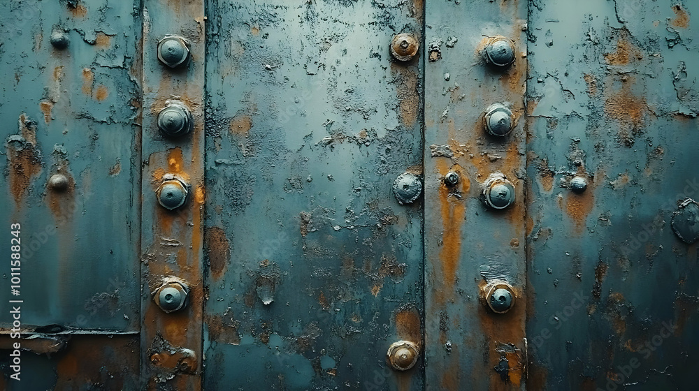 Blue Metal Surface with Rusty Texture and Rivets - Abstract Background Blue Metal Surface with Rusty Texture and Rivets - Abstract Background