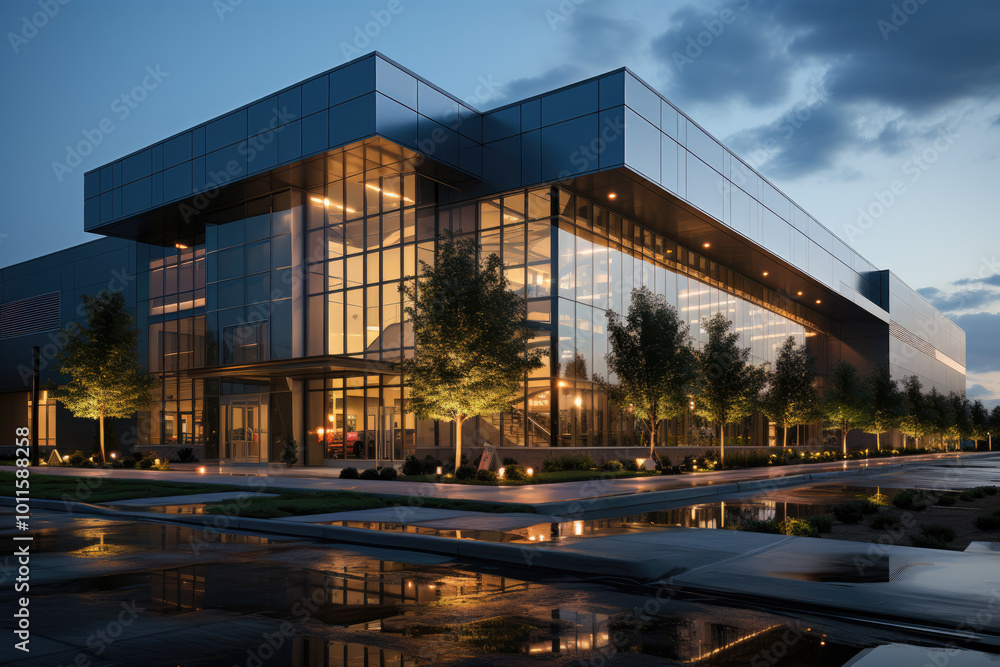 Fototapeta premium Modern office building with glass facade and landscaped grounds
