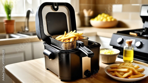 Kitchen deep fryer with fries, counter and cozy interior.