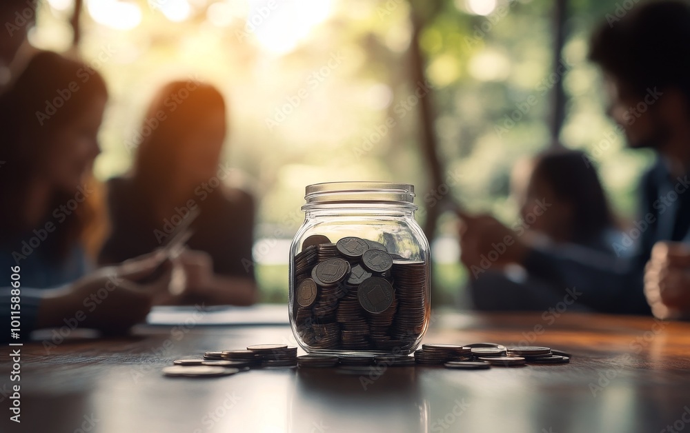 A jar filled with coins sits on a table, surrounded by people engaged in discussion, emphasizing financial planning. A jar filled with coins sits on a table, surrounded by people engaged in discussion, emphasizing financial planning.