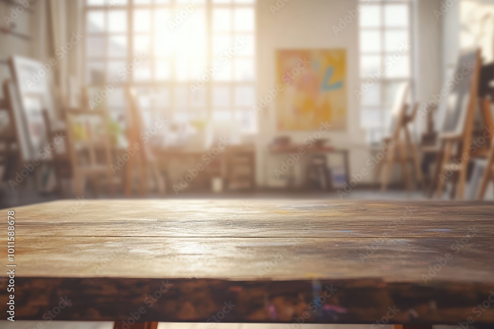 Blurred background of an artist's studio with a wooden table in the foreground and an easel painting on the wall. Blurred background of an artist's studio with a wooden table in the foreground and an easel painting on the wall.