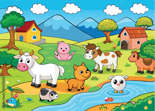 Farm animals are enjoying nature by the river vector illustration.