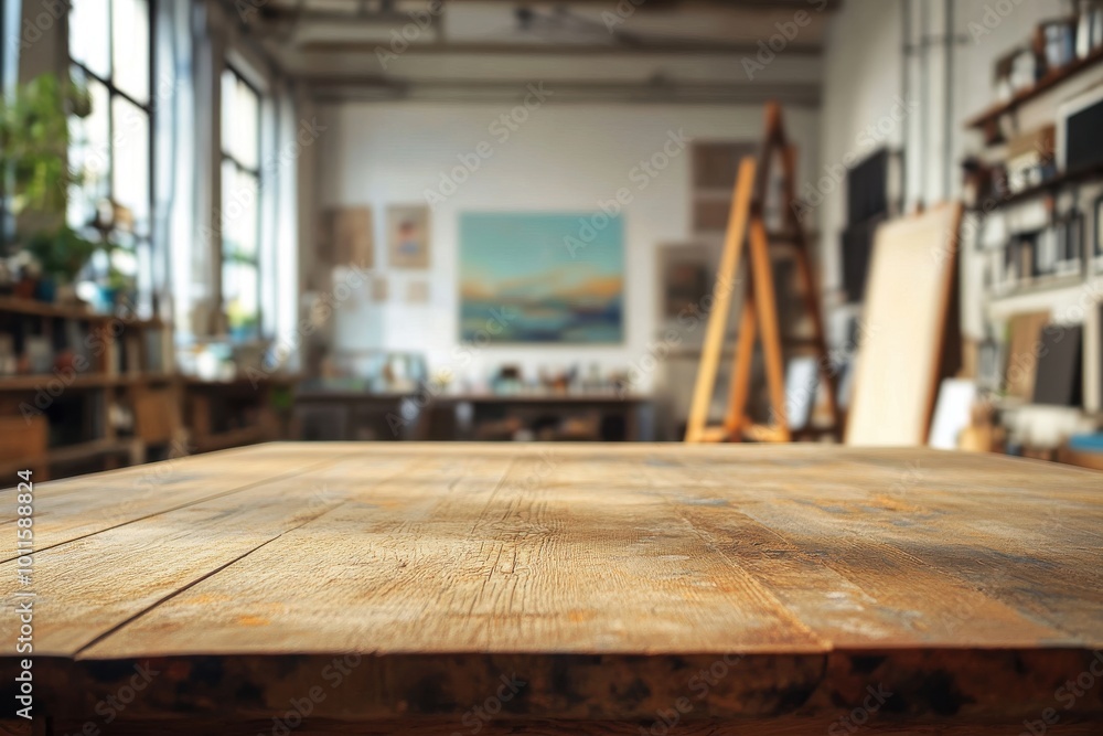 Blurred background of an artist's studio with a wooden table in the foreground and an easel painting on the wall. Blurred background of an artist's studio with a wooden table in the foreground and an easel painting on the wall.