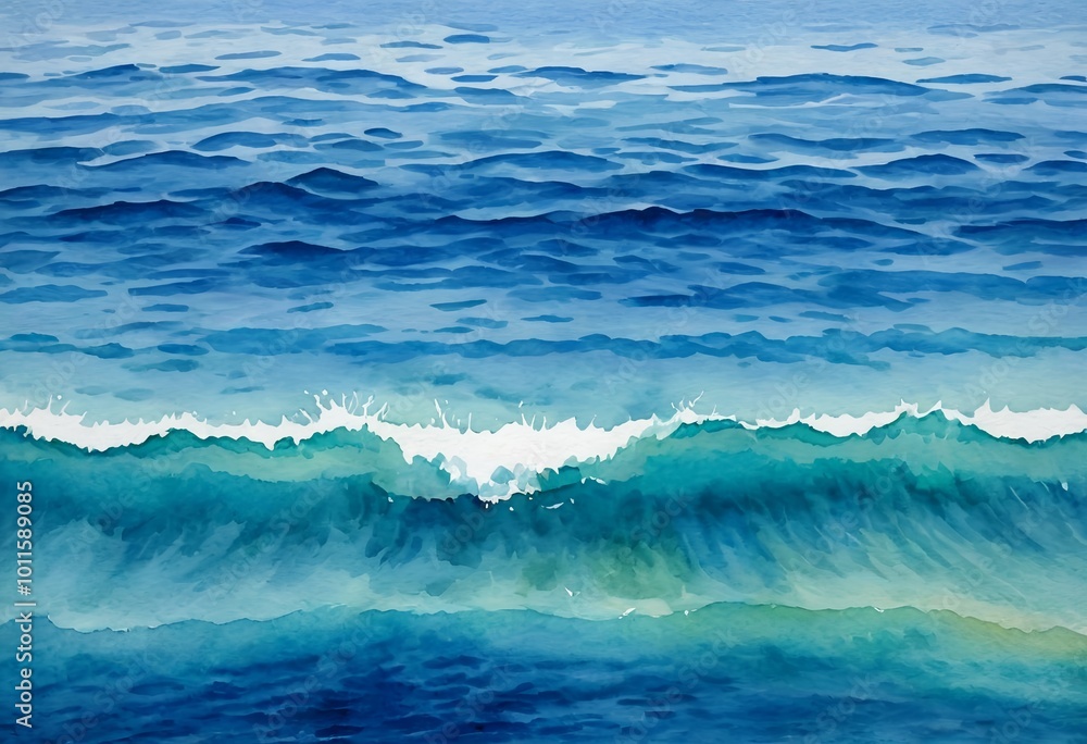 Fototapeta premium Watercolor ocean waves, dynamic and tranquil seascape in blue and green tones
