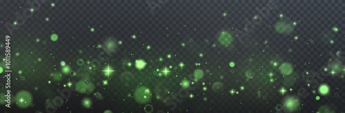 Christmas background. Powder PNG. Magic shining green dust. Fine, shiny dust green bokeh particles fall off slightly. Fantastic shimmer effect.	
