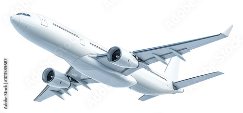 A white airplane is flying in the sky. The plane is large and has two engines. The sky is clear and the plane is the only object visible