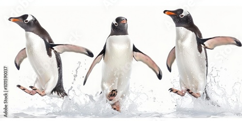 Penguins jumping and swimming isolated on white background
