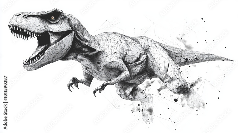 A fierce Tyrannosaurus Rex roars against a white background. This 3D dinosaur is drawn with black lines, dots, and triangles, creating a unique and artistic look.low poly wireframe. A fierce Tyrannosaurus Rex roars against a white background. This 3D dinosaur is drawn with black lines, dots, and triangles, creating a unique and artistic look.low poly wireframe.