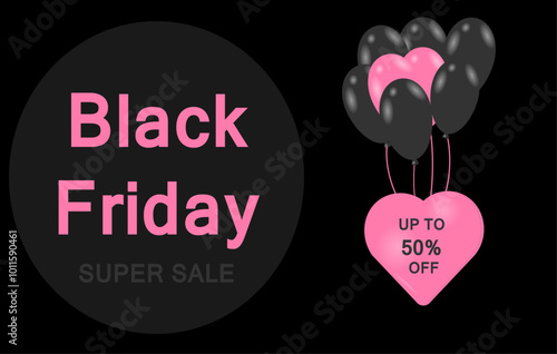 Black Friday banner with balloons and heart