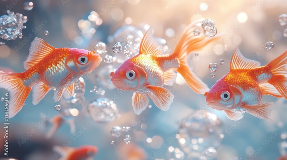 Three goldfish swimming in a tank with bubbles. Three goldfish swimming in a tank with bubbles.