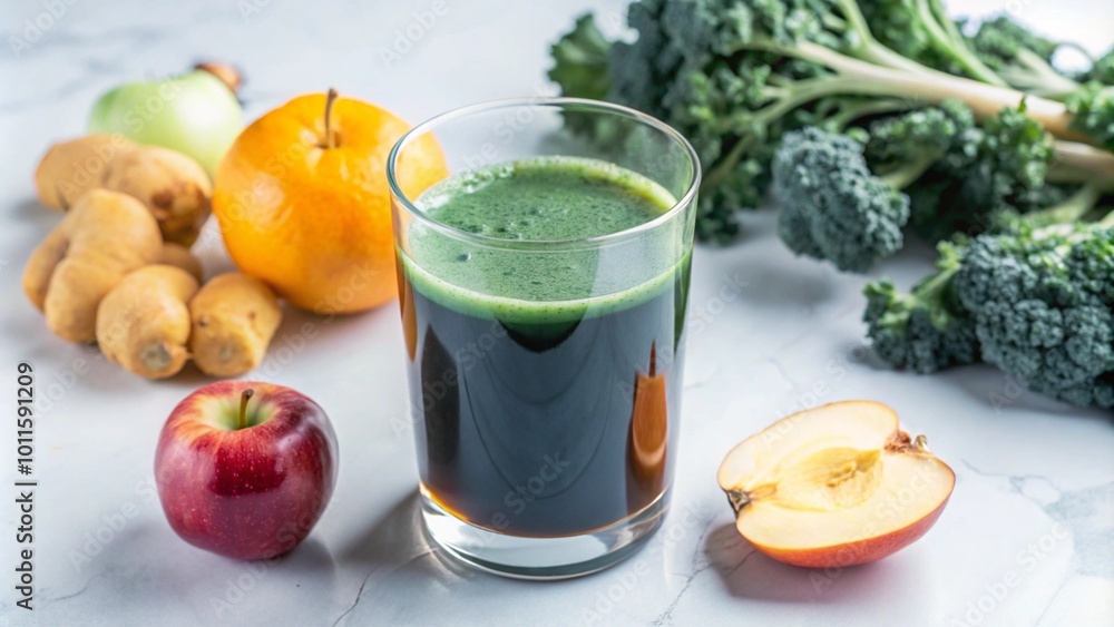 Freshly made green juice with apple, ginger and broccoli on a white surface. Freshly made green juice with apple, ginger and broccoli on a white surface.