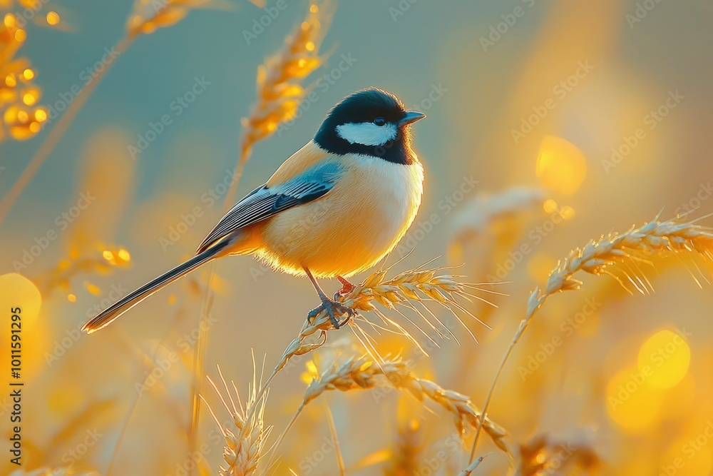 Obraz premium A Small Bird Perched on a Wheat Stalk in Golden Light