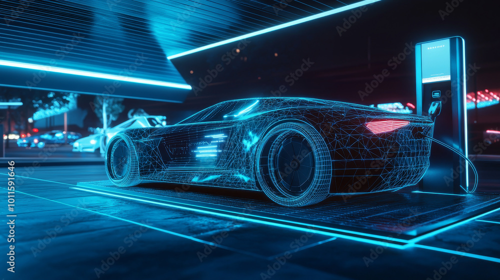 A futuristic, blue electric car is charging at a station. This image shows how technology is changing the car industry and transportation.low poly wireframe. A futuristic, blue electric car is charging at a station. This image shows how technology is changing the car industry and transportation.low poly wireframe.