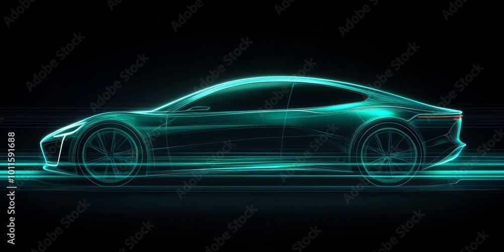 Futuristic Electric Car Design Illuminated With Blue Neon Lights at Night Futuristic Electric Car Design Illuminated With Blue Neon Lights at Night