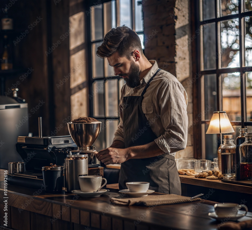 Barista Preparing Coffee in a Cozy Rustic Cafe for Coffee Shop Promotions, Lifestyle Blogs, and Hospitality-Themed Marketing, Highlighting Craftsmanship and Warm Ambiance with Soft Lighting
Barista Preparing Coffee in a Cozy Rustic Cafe for Coffee Shop Promotions, Lifestyle Blogs, and Hospitality-Themed Marketing, Highlighting Craftsmanship and Warm Ambiance with Soft Lighting
