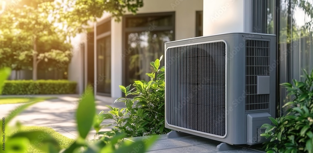 A modern air conditioning unit on the side of an outdoor patio, surrounded by greenery and a home in the background. A modern air conditioning unit on the side of an outdoor patio, surrounded by greenery and a home in the background.