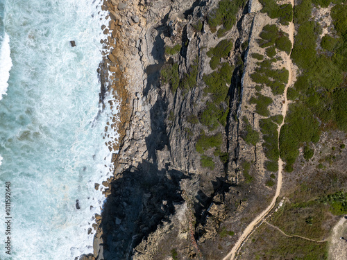 A bird s eye view of a rugged coastline with crashing waves and a winding path through the brush photo