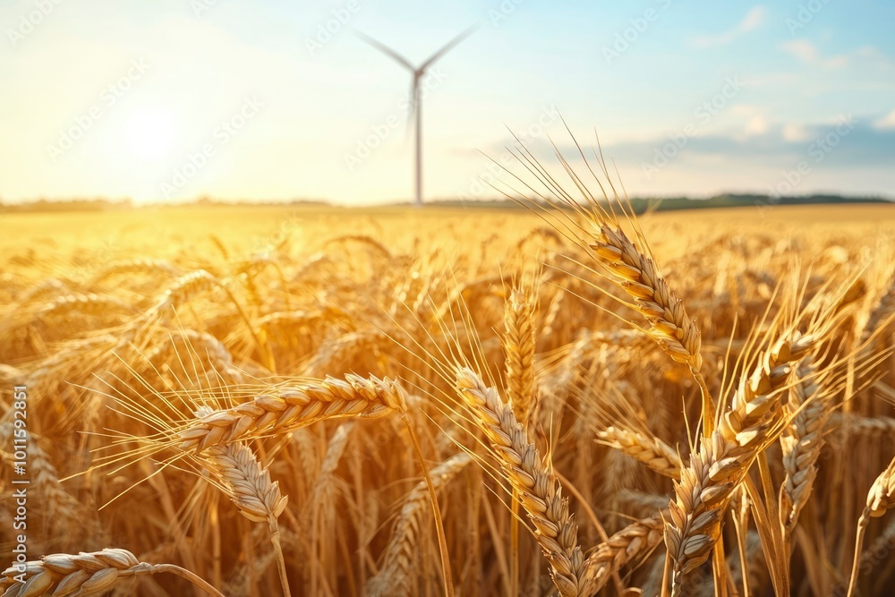 Fototapeta premium Golden Wheat Stalks in a Field with a Blurred Wind Turbine in the Background
