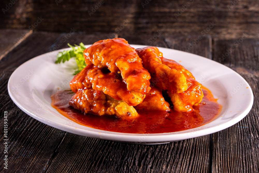fried fish in sweet and sour sauce on wood table. Chinese food. food concept. fried fish in sweet and sour sauce on wood table. Chinese food. food concept.