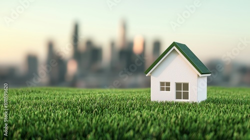 Wallpaper Mural Miniature house on grassy field with city skyline in the background. Torontodigital.ca