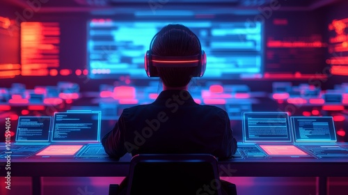 Person operating multiple computer screens in a futuristic environment.