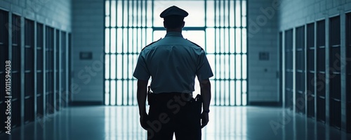 Police officer standing in a prison corridor, facing away towards jail cells.