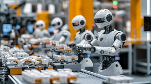 Robots working on an automated assembly line in a modern factory setting.