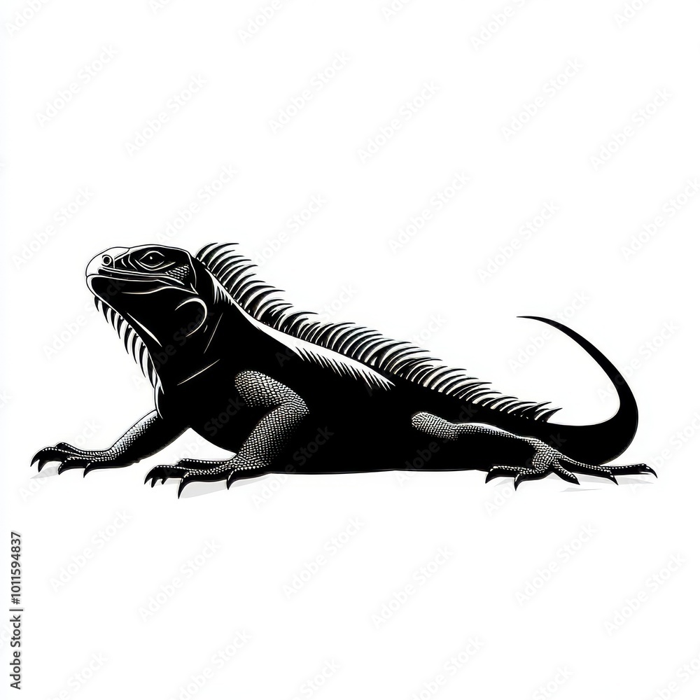 A Detailed Illustration of a Black Iguana Resting on a White Background Showcasing Its Scales and Features A Detailed Illustration of a Black Iguana Resting on a White Background Showcasing Its Scales and Features
