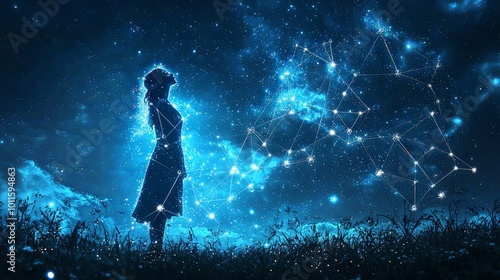 A silhouette stands under an expansive cosmic backdrop with constellations, representing themes of exploration, wonder, and human connection to the universe.