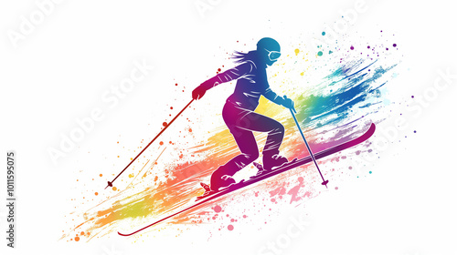 A vibrant skier carving through colorful snow with ski poles on a winter morning in a mountainous terrain