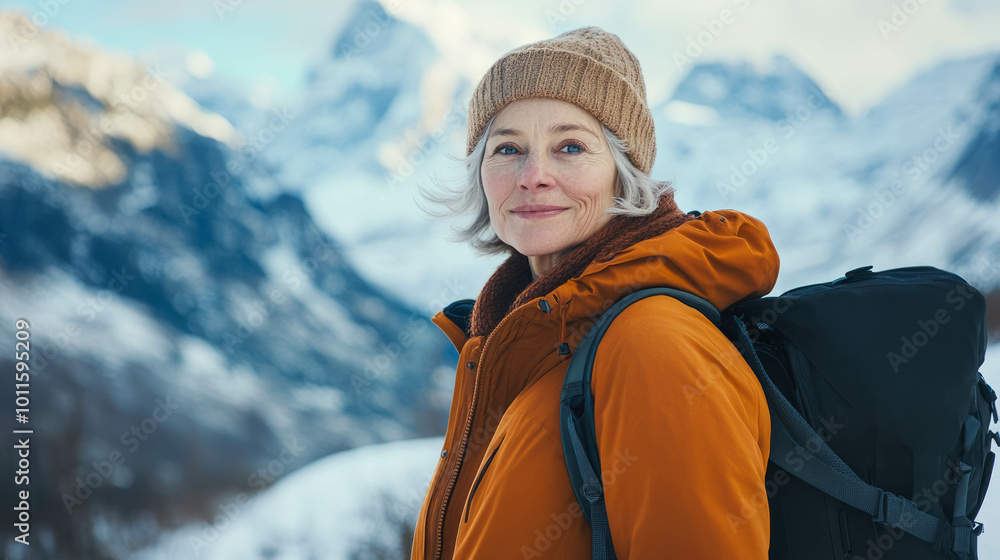 white 50 year old woman in winter hiking gear standing against snowy mountains white 50 year old woman in winter hiking gear standing against snowy mountains