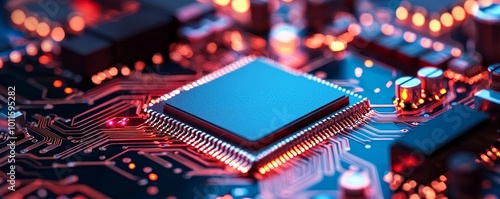 Close-up of a microchip with vibrant circuit board details, illuminated background.