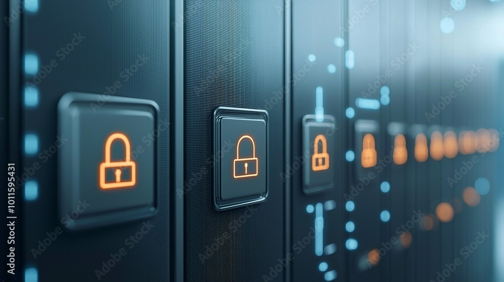 Close-up of server locks indicating data security, dark background with neon details. Close-up of server locks indicating data security, dark background with neon details.
