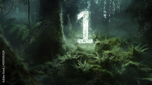 Misty forest landscape with fern-covered ground and large numeral one glowing amidst trees in early morning light photo