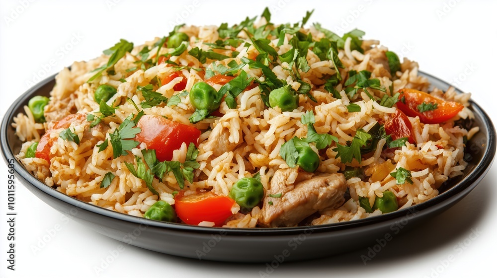 Traditional Pilaf Served on a Plate Against a White Background, Highlighting Its Rich Ingredients and Flavors. Traditional Pilaf Served on a Plate Against a White Background, Highlighting Its Rich Ingredients and Flavors.