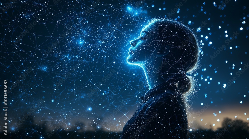 A digital silhouette of a woman reaching upward, interwoven with a starry night backdrop. Captures aspiration, dreams, and the cosmic connection with the universe. A digital silhouette of a woman reaching upward, interwoven with a starry night backdrop. Captures aspiration, dreams, and the cosmic connection with the universe.