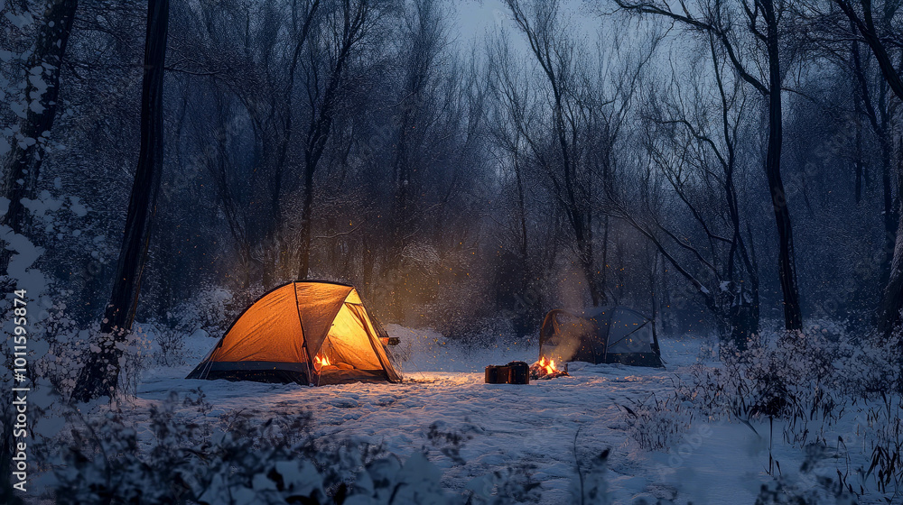 tent standing in the middle of a winter forest tent standing in the middle of a winter forest