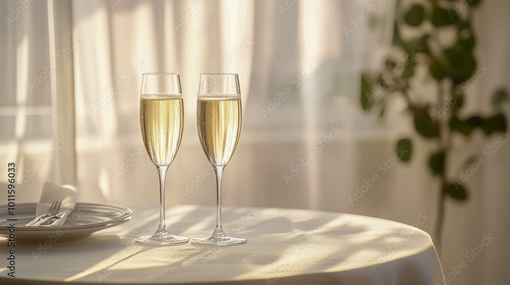 champagne glasses standing on a table with a white tablecloth champagne glasses standing on a table with a white tablecloth