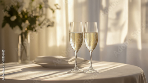 champagne glasses standing on a table with a white tablecloth