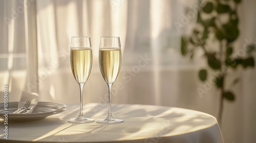 champagne glasses standing on a table with a white tablecloth