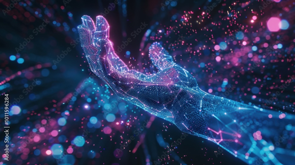 Shimmering Digital Hand in Blue and Pink Lights Shimmering Digital Hand in Blue and Pink Lights