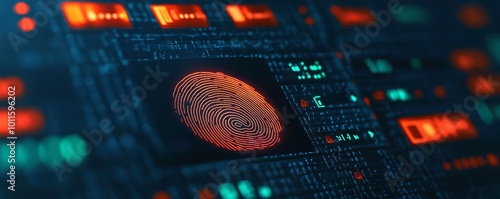 Futuristic fingerprint scanner on digital interface, illuminated with neon colors.