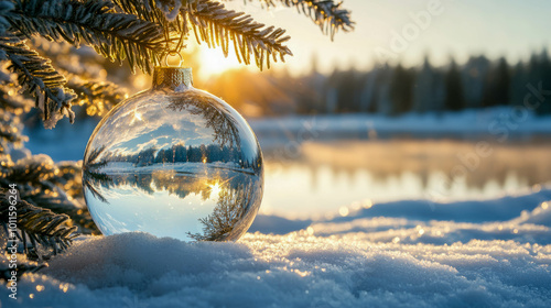 Fototapeta Naklejka Na Ścianę i Meble -  beautiful transparent thick glass ball for Christmas tree, lies on snow, winter lake and forest are reflected in the ball