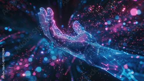 Shimmering Digital Hand in Blue and Pink Lights