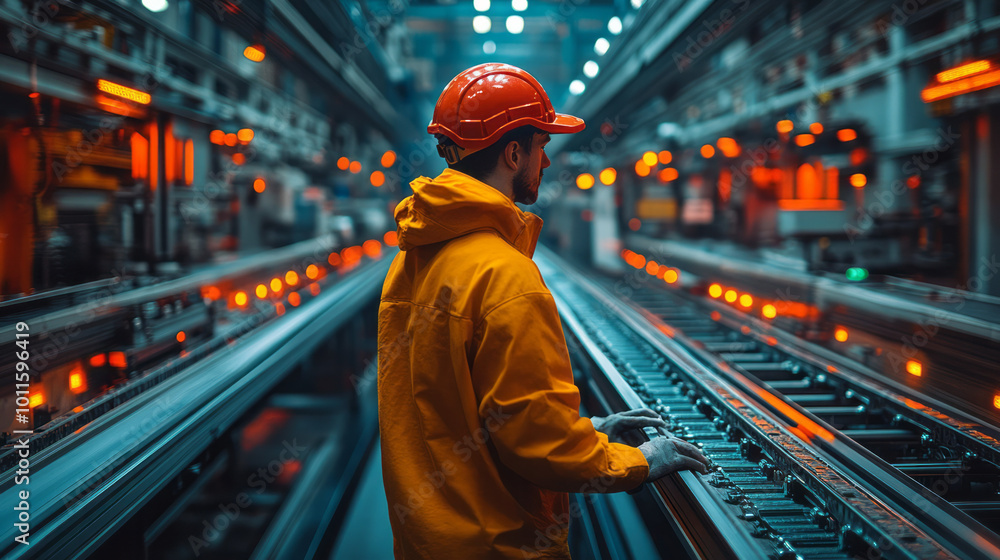 A worker standing at a conveyor belt, inspecting parts as they move through a manufacturing machine, A worker standing at a conveyor belt, inspecting parts as they move through a manufacturing machine,